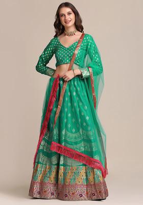 Rama Green Gold Woven Silk Lehenga Set