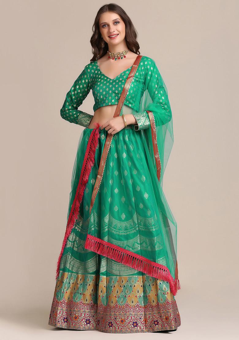 Rama Green Gold Woven Silk Lehenga Set