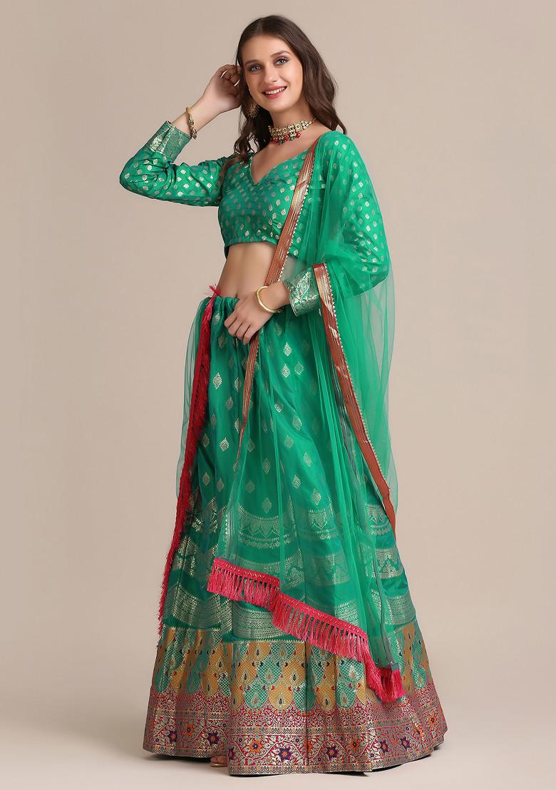Rama Green Gold Woven Silk Lehenga Set