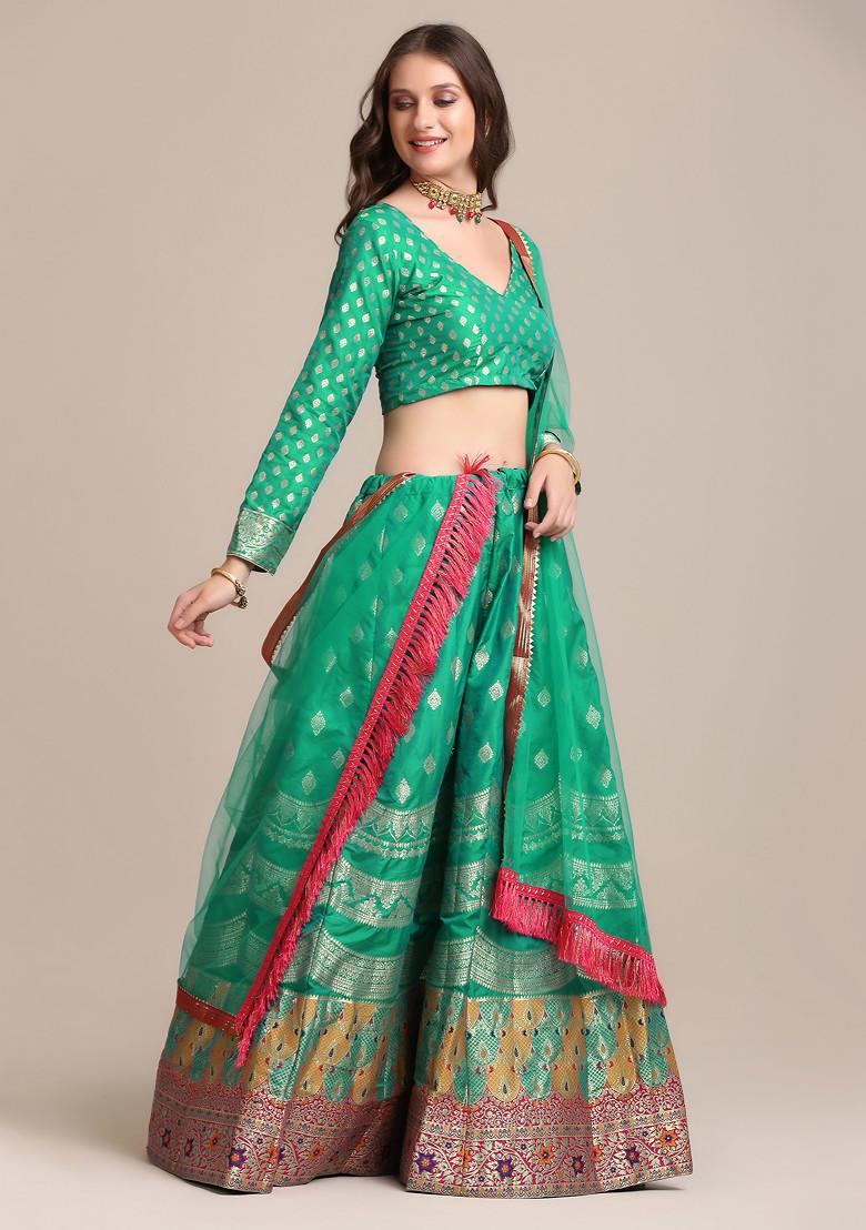 Rama Green Gold Woven Silk Lehenga Set