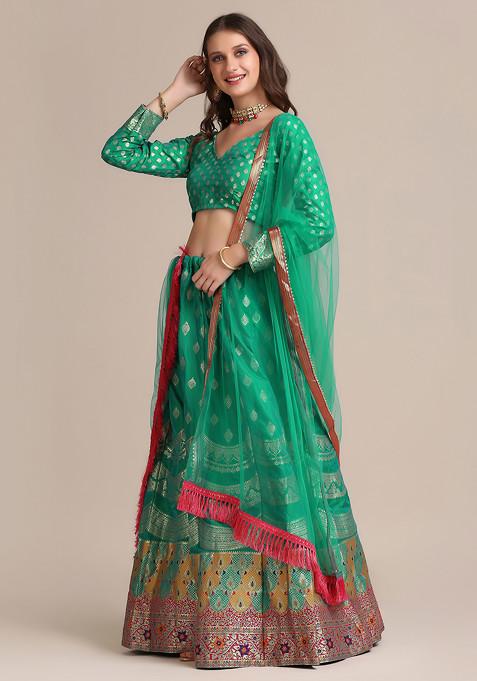 Rama Green Gold Woven Silk Lehenga Set