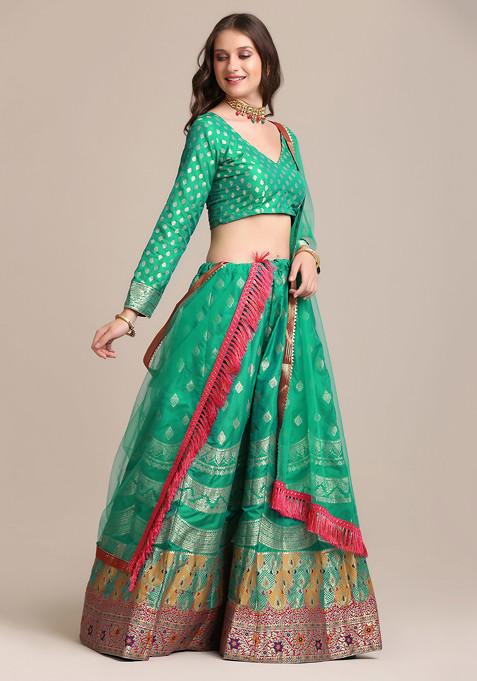 Rama Green Gold Woven Silk Lehenga Set