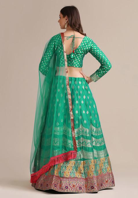 Rama Green Gold Woven Silk Lehenga Set