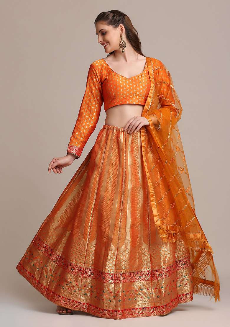 Mustard Woven Design Jacquard Silk Blend Lehenga Set for Diwali | Wedding & Festive Wear - Indya