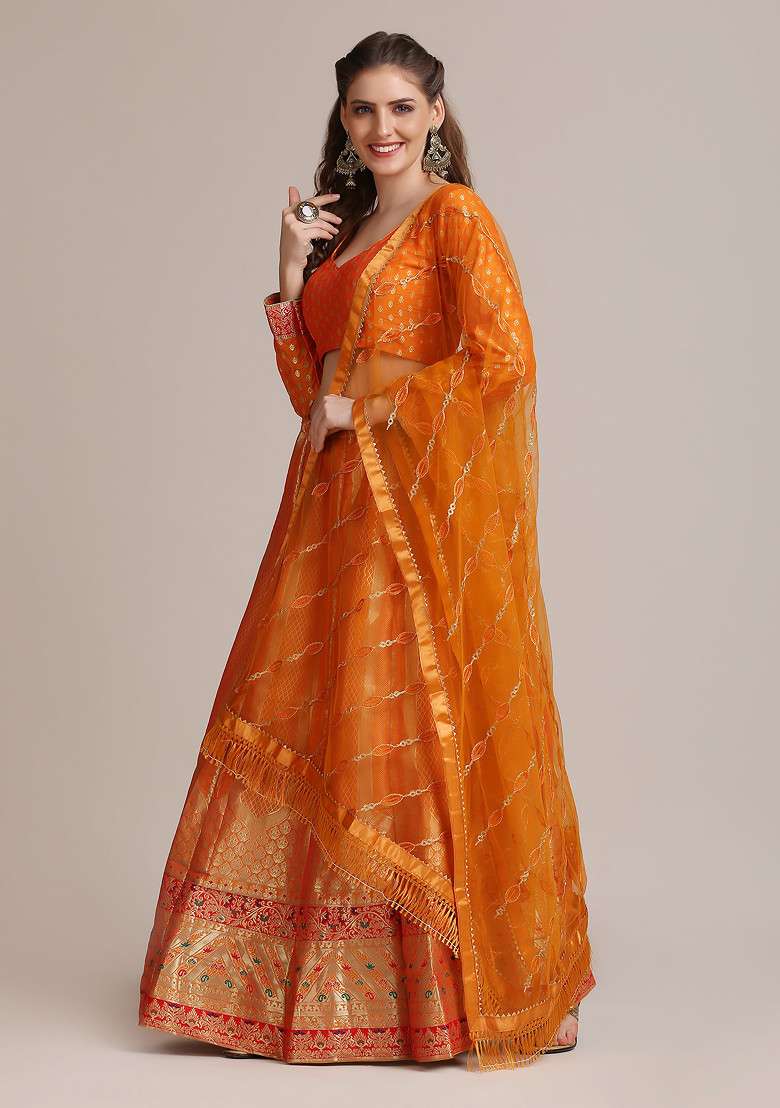 Mustard Woven Design Jacquard Silk Blend Lehenga Set for Diwali | Wedding & Festive Wear - Indya
