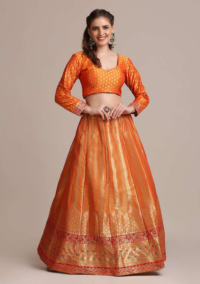 Mustard Woven Design Jacquard Silk Blend Lehenga Set for Diwali | Wedding & Festive Wear - Indya