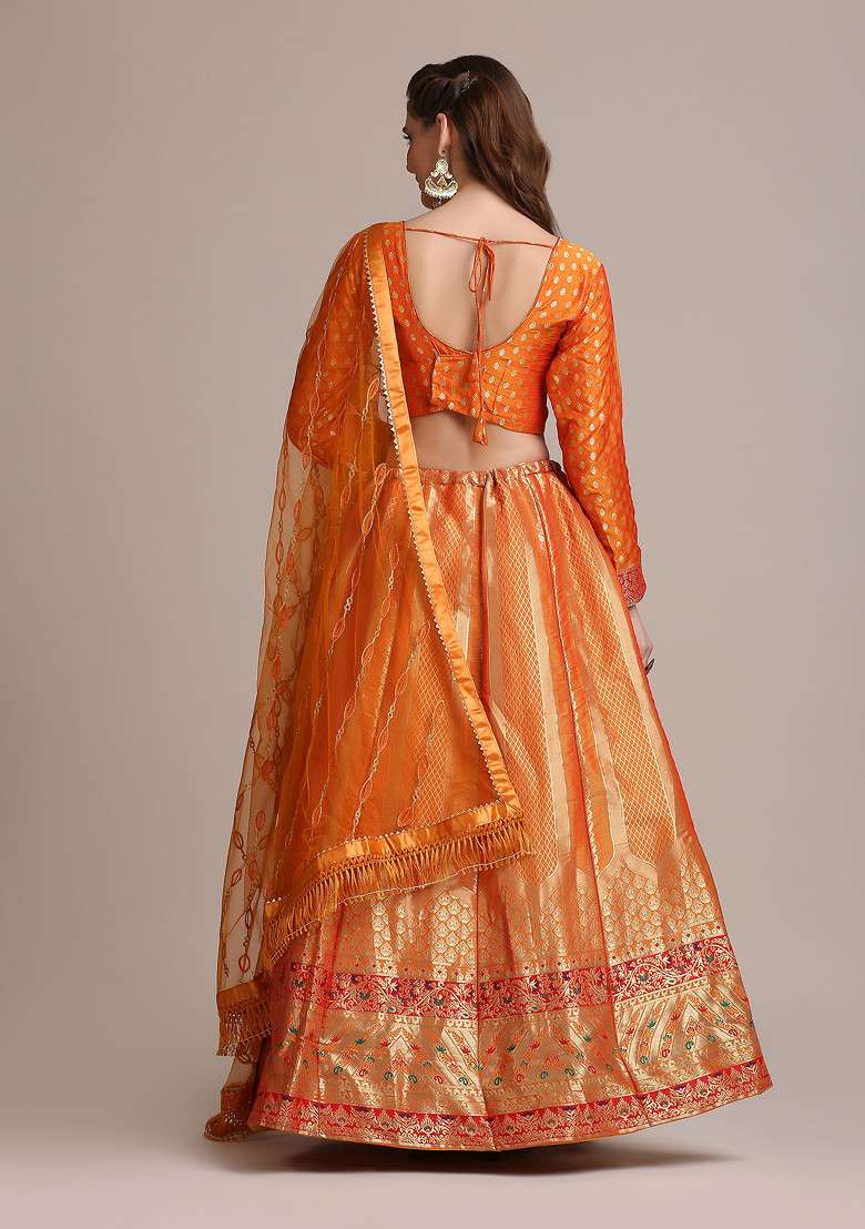 Mustard Woven Design Jacquard Silk Blend Lehenga Set for Diwali | Wedding & Festive Wear - Indya