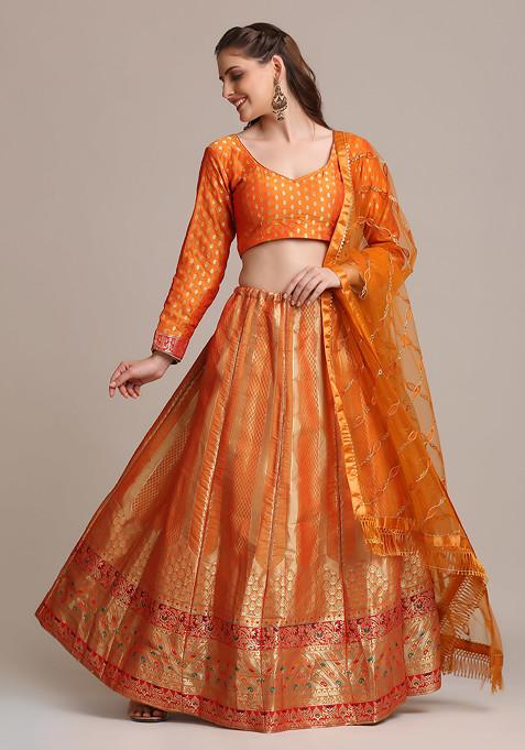 Mustard Woven Design Jacquard Silk Lehenga Set