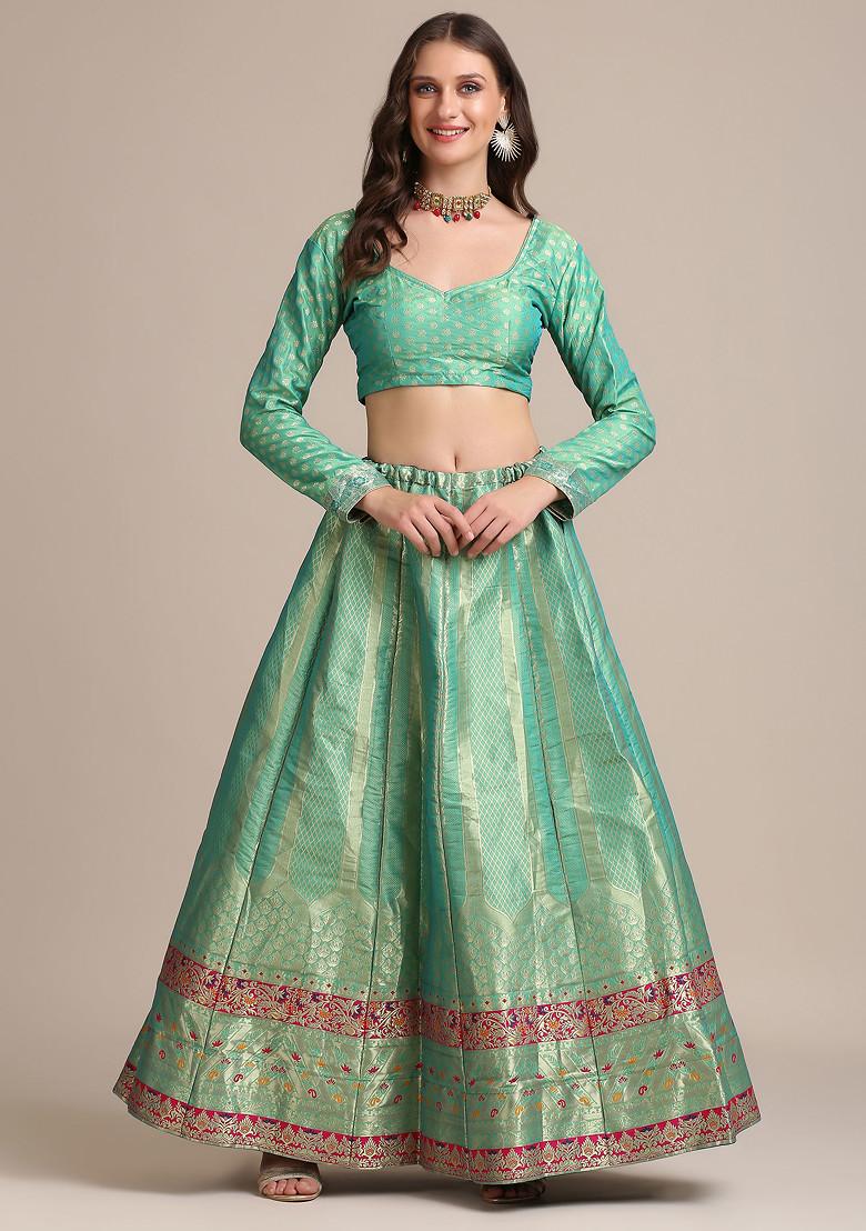 Rama Green Gold Woven Jacquard Silk Lehenga Set