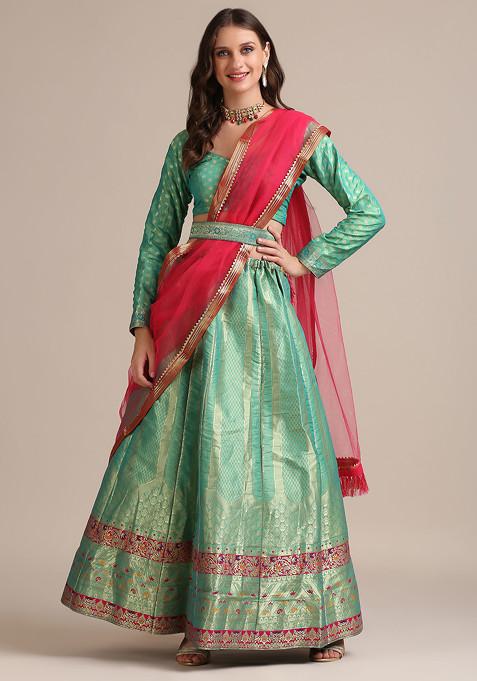 Rama Green Gold Woven Jacquard Silk Lehenga Set