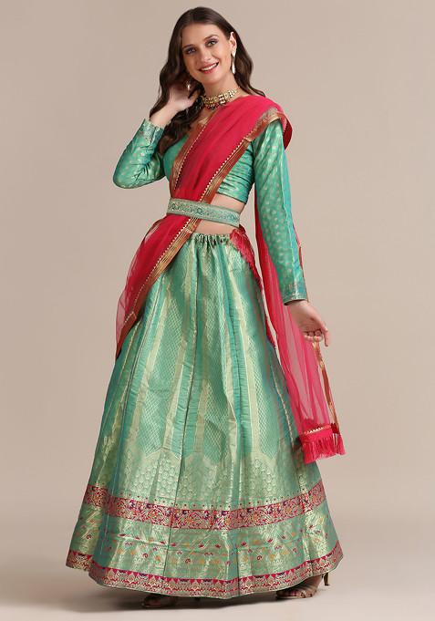 Rama Green Gold Woven Jacquard Silk Lehenga Set