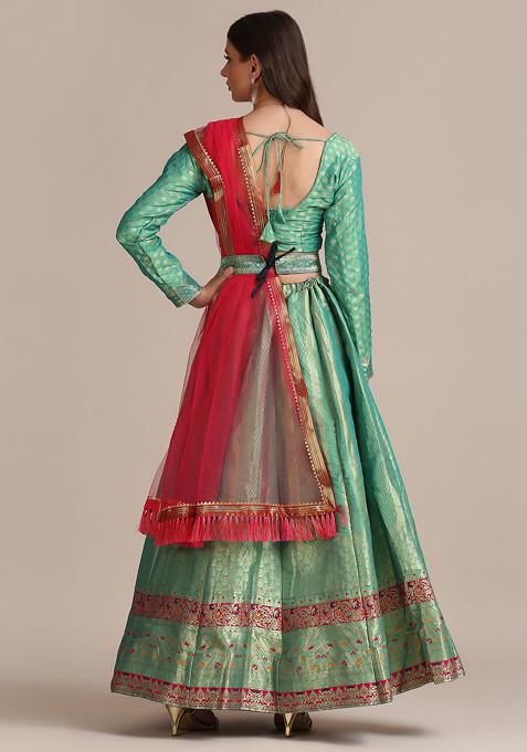 Rama Green Gold Woven Jacquard Silk Lehenga Set
