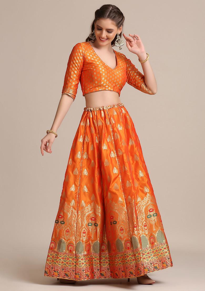 Mustard Yellow Woven Design Jacquard Silk Lehenga Set