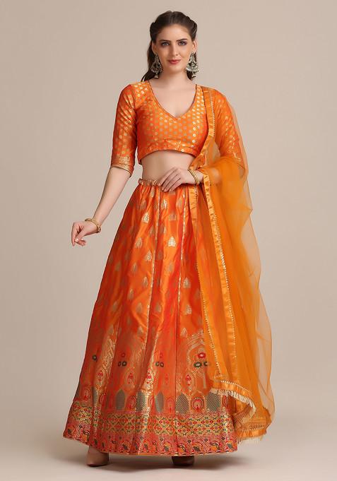 Mustard Yellow Woven Design Jacquard Silk Lehenga Set