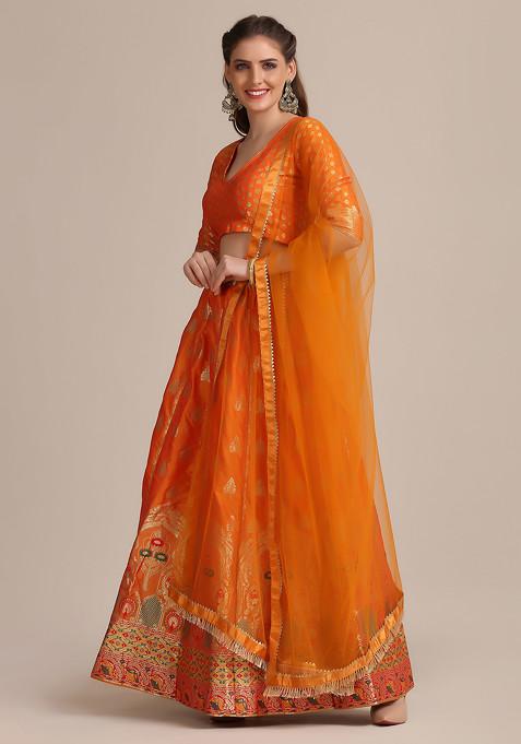 Mustard Yellow Woven Design Jacquard Silk Lehenga Set