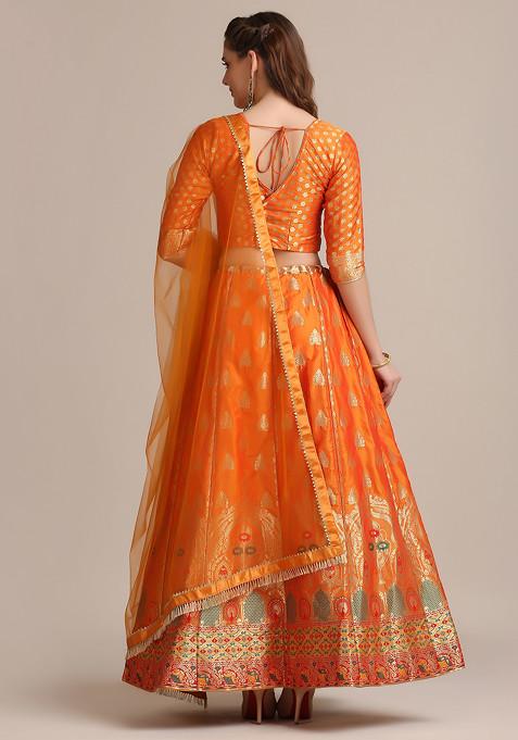 Mustard Yellow Woven Design Jacquard Silk Lehenga Set