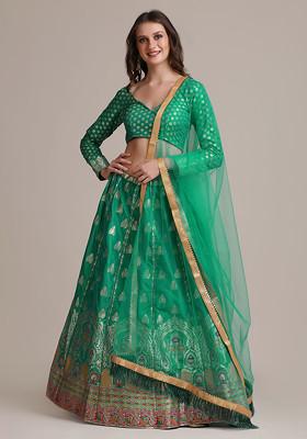 Rama Green Gold Woven Design Jacquard Silk Lehenga Set