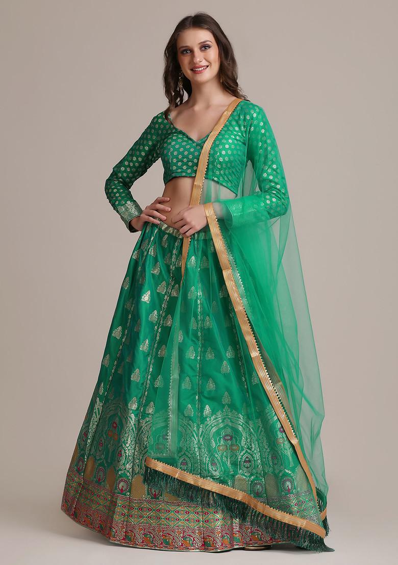 Rama Green Gold Woven Design Jacquard Silk Lehenga Set