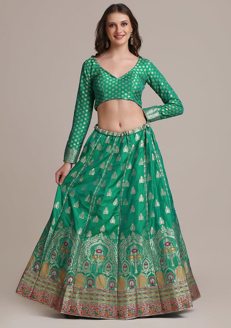 Rama Green Gold Woven Design Jacquard Silk Lehenga Set