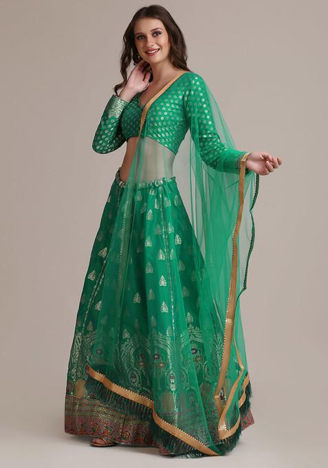 Rama Green Gold Woven Design Jacquard Silk Lehenga Set