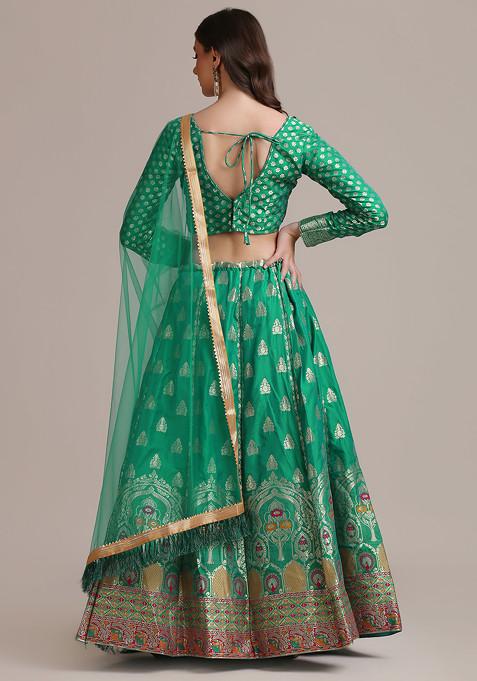 Rama Green Gold Woven Design Jacquard Silk Lehenga Set