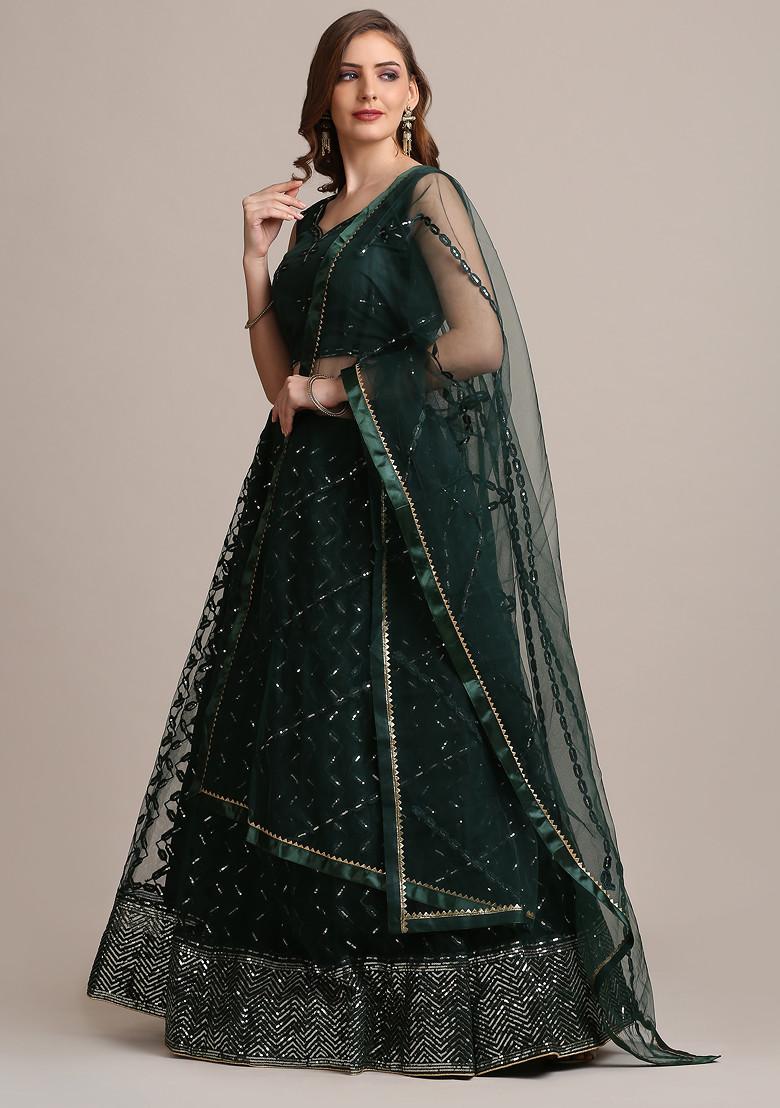 Green Sequin Embellished Net Lehenga Set