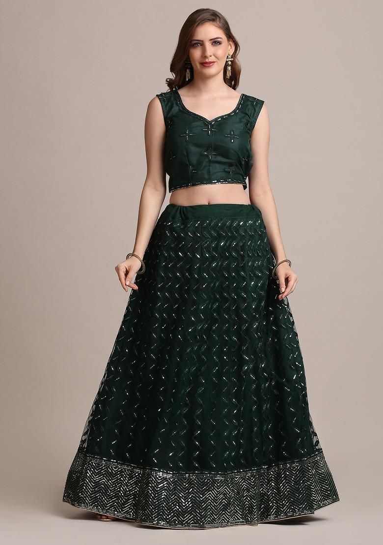 Green Sequin Embellished Net Lehenga Set
