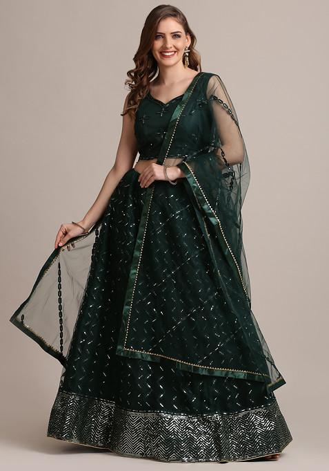 Green Sequin Embellished Net Lehenga Set