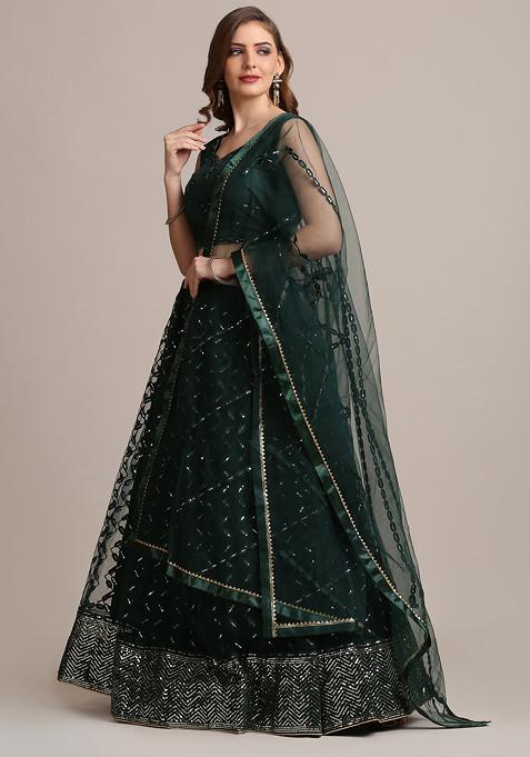 Green Sequin Embellished Net Lehenga Set