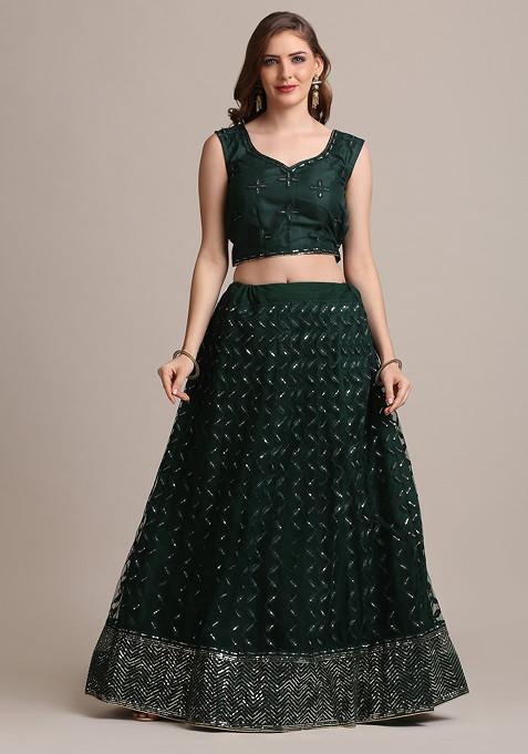 Green Sequin Embellished Net Lehenga Set