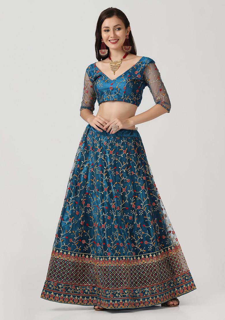 Rama Blue Sequin Embroidered Heavy Net Lehenga Set
