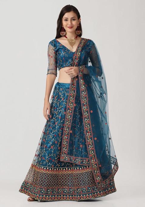 Rama Blue Sequin Embroidered Heavy Net Lehenga Set