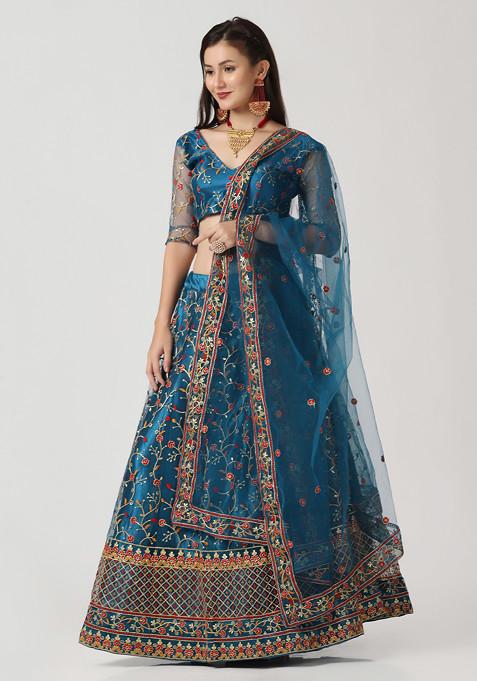 Rama Blue Sequin Embroidered Heavy Net Lehenga Set