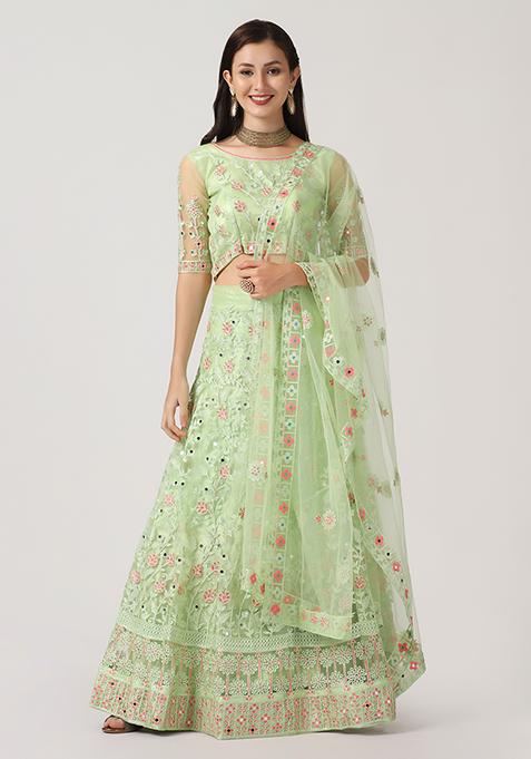 Light Green Sequin Embroidered Net Lehenga Set