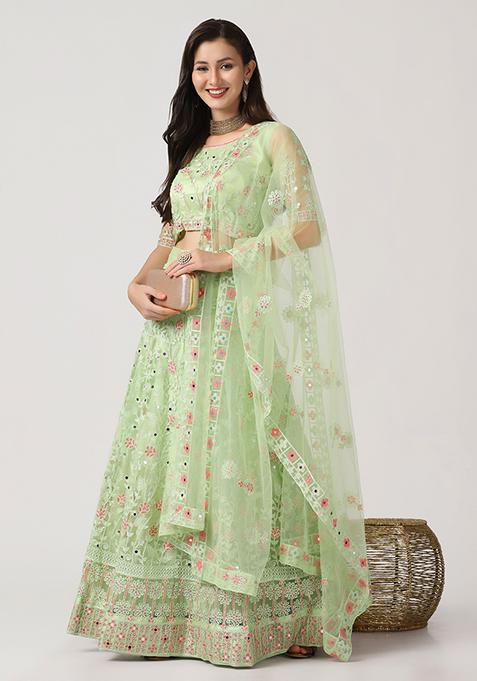 Light Green Sequin Embroidered Net Lehenga Set