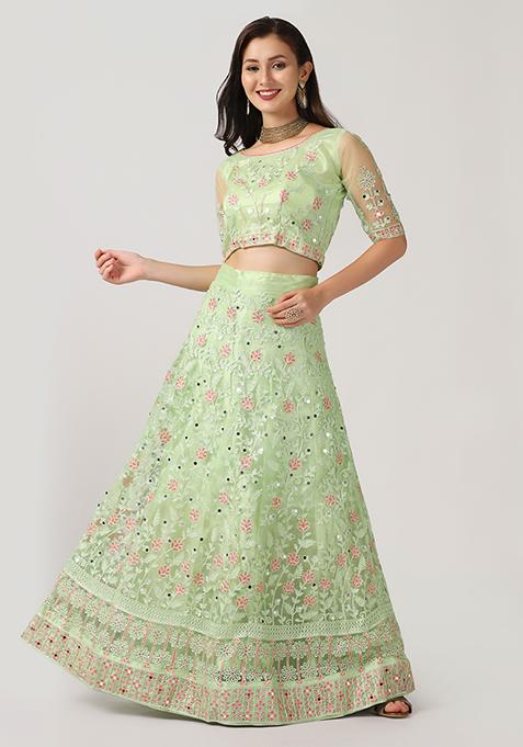 Light Green Sequin Embroidered Net Lehenga Set