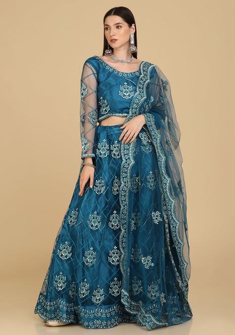 Rama Blue Embroidered Net Lehenga Set