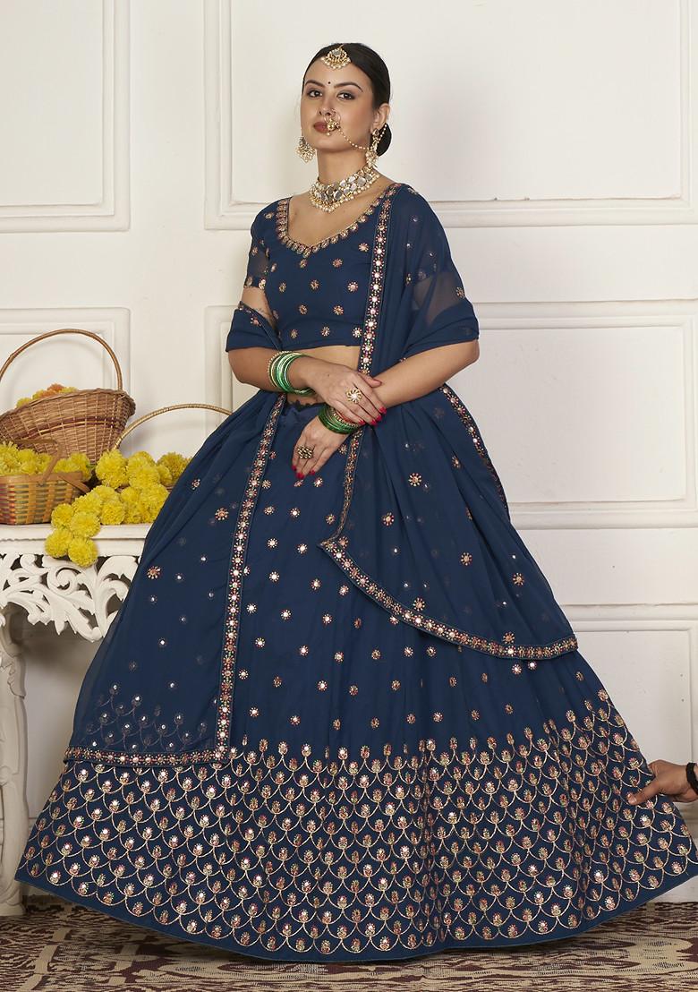 Teal Blue Embroidered Georgette Lehenga Set