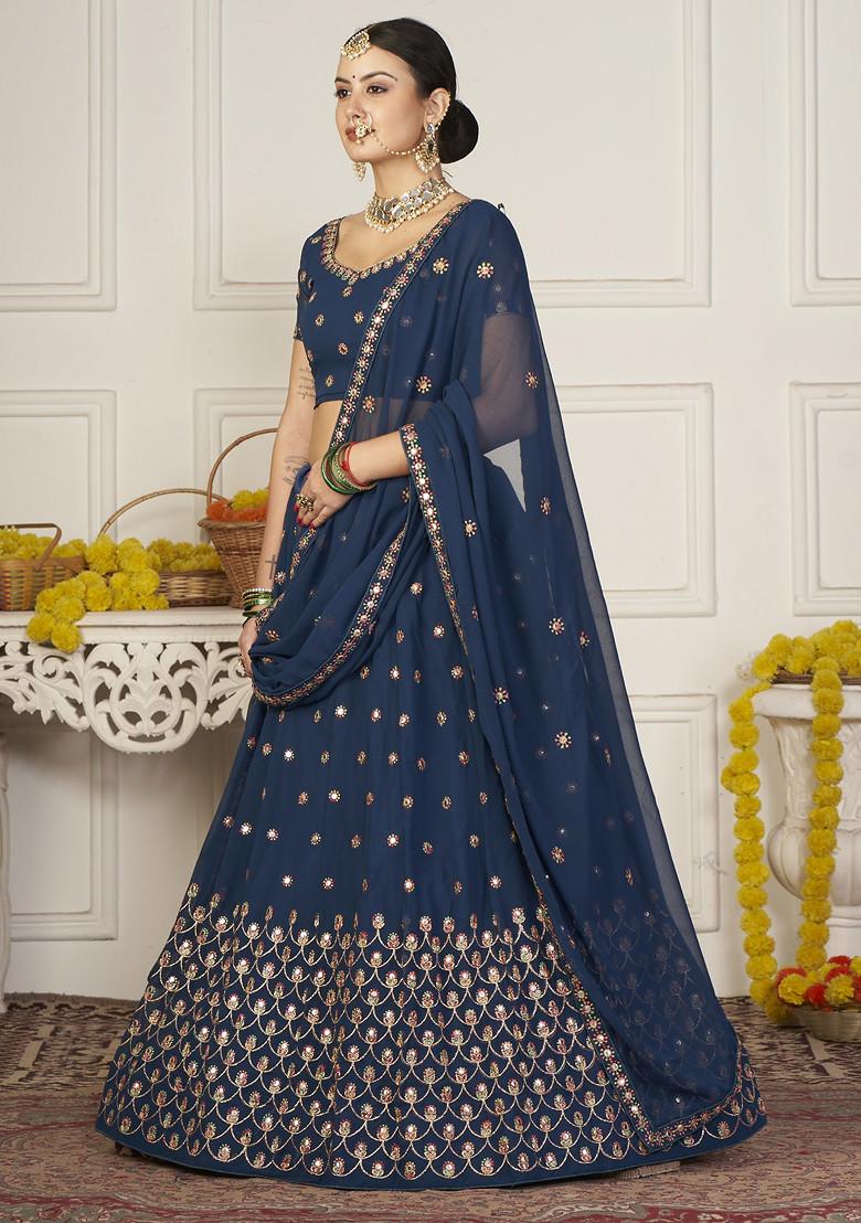 Teal Blue Embroidered Georgette Lehenga Set