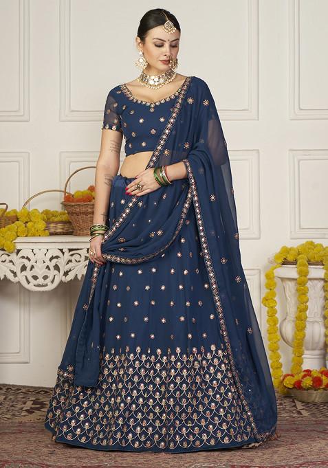 Teal Blue Embroidered Georgette Lehenga Set