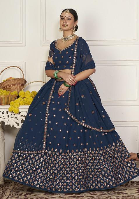 Teal Blue Embroidered Georgette Lehenga Set
