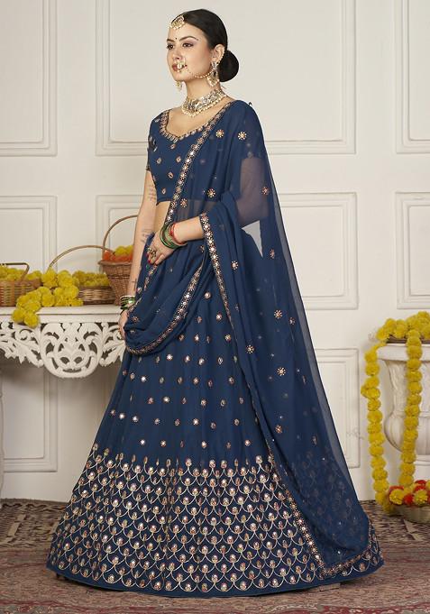 Teal Blue Embroidered Georgette Lehenga Set