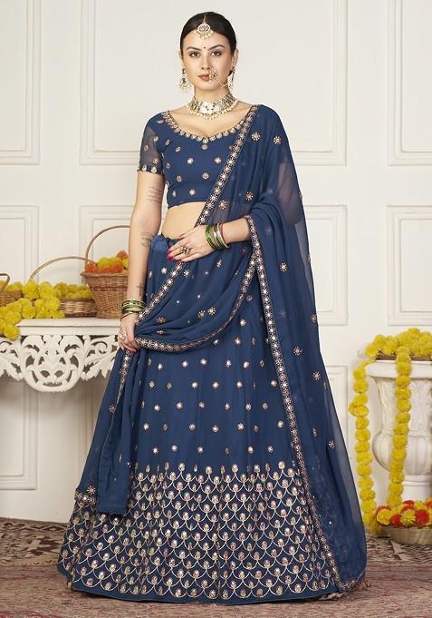 Teal Blue Embroidered Georgette Lehenga Set