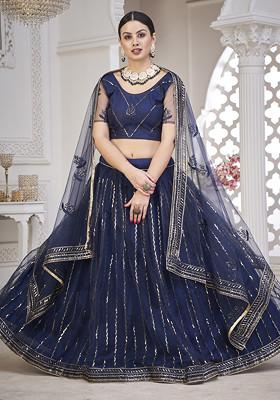 Navy Blue Embroidered Heavy Net Lehenga Set