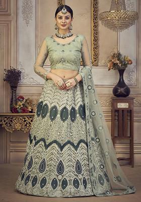 Light Green Embroidered Net Lehenga Set