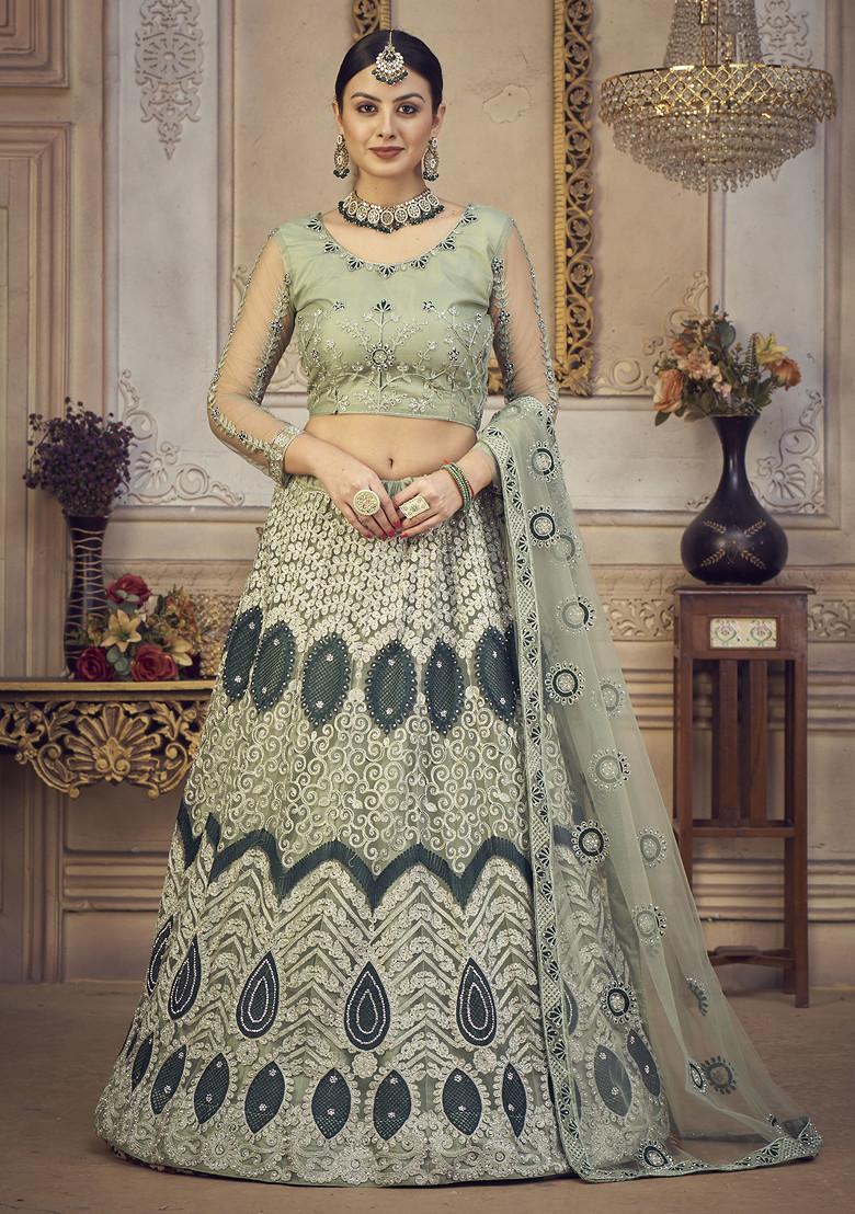 Light Green Embroidered Net Lehenga Set