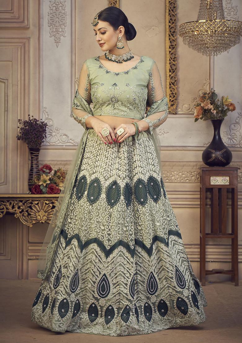 Light Green Embroidered Net Lehenga Set