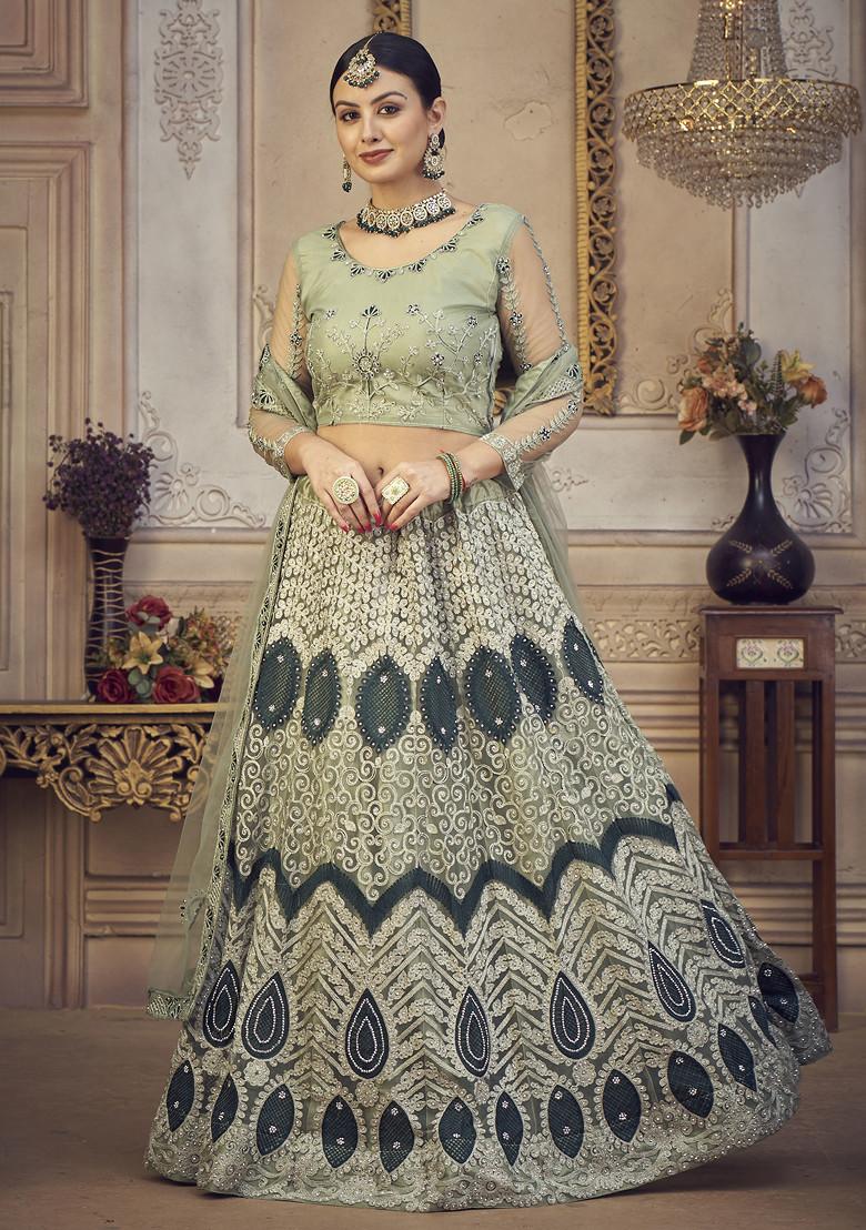 Light Green Embroidered Net Lehenga Set