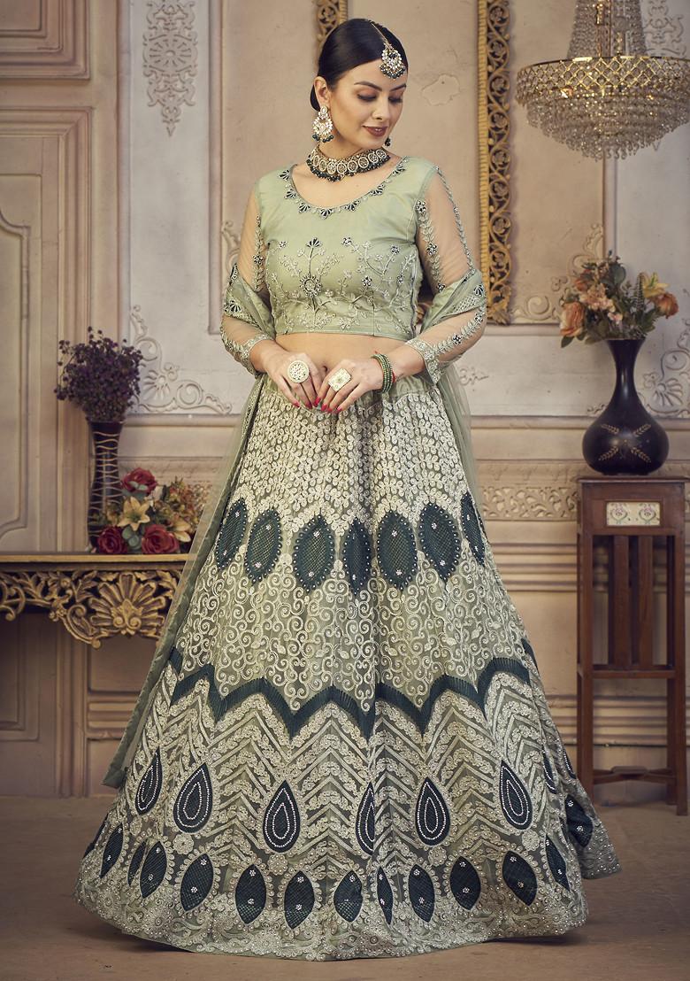 Light Green Embroidered Net Lehenga Set