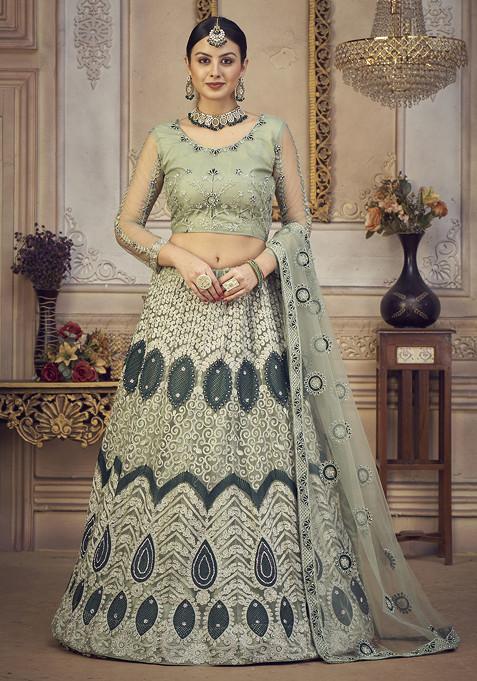 Light Green Embroidered Net Lehenga Set